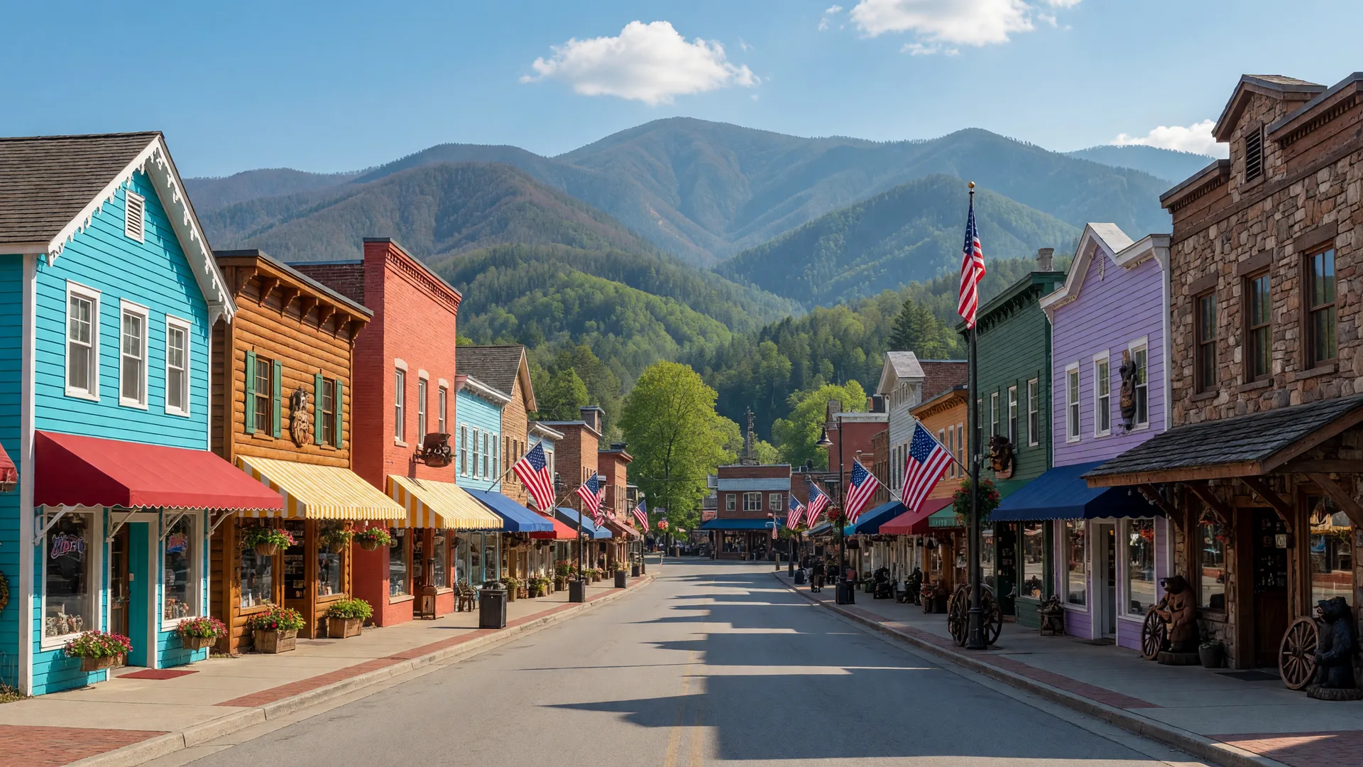 Downtown Gatlinburg with shops, attractions, and the Smoky Mountains in the background