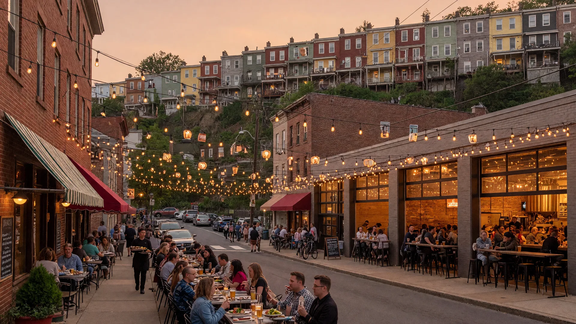 Manayunk Main Street restaurants and outdoor dining with string lights at golden hour