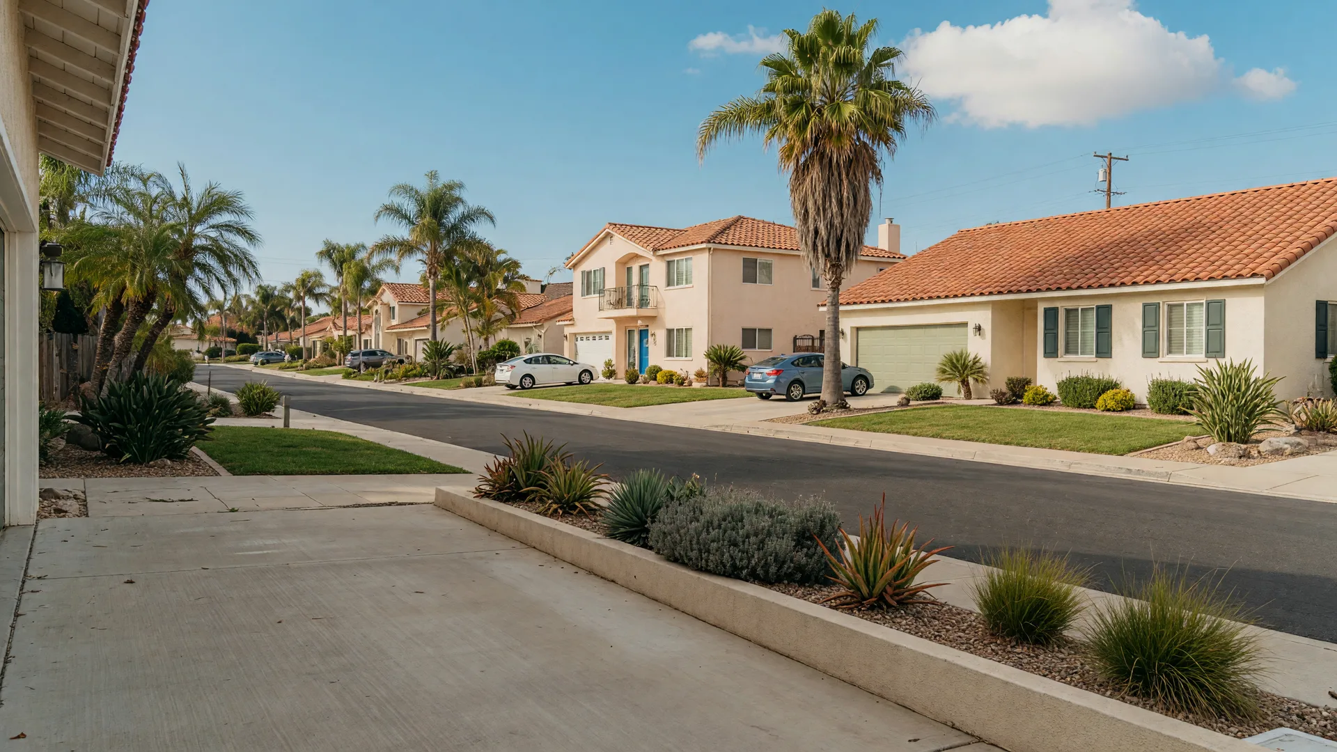 Sunny Southern California suburban street with stucco homes, tile roofs, and a palm tree