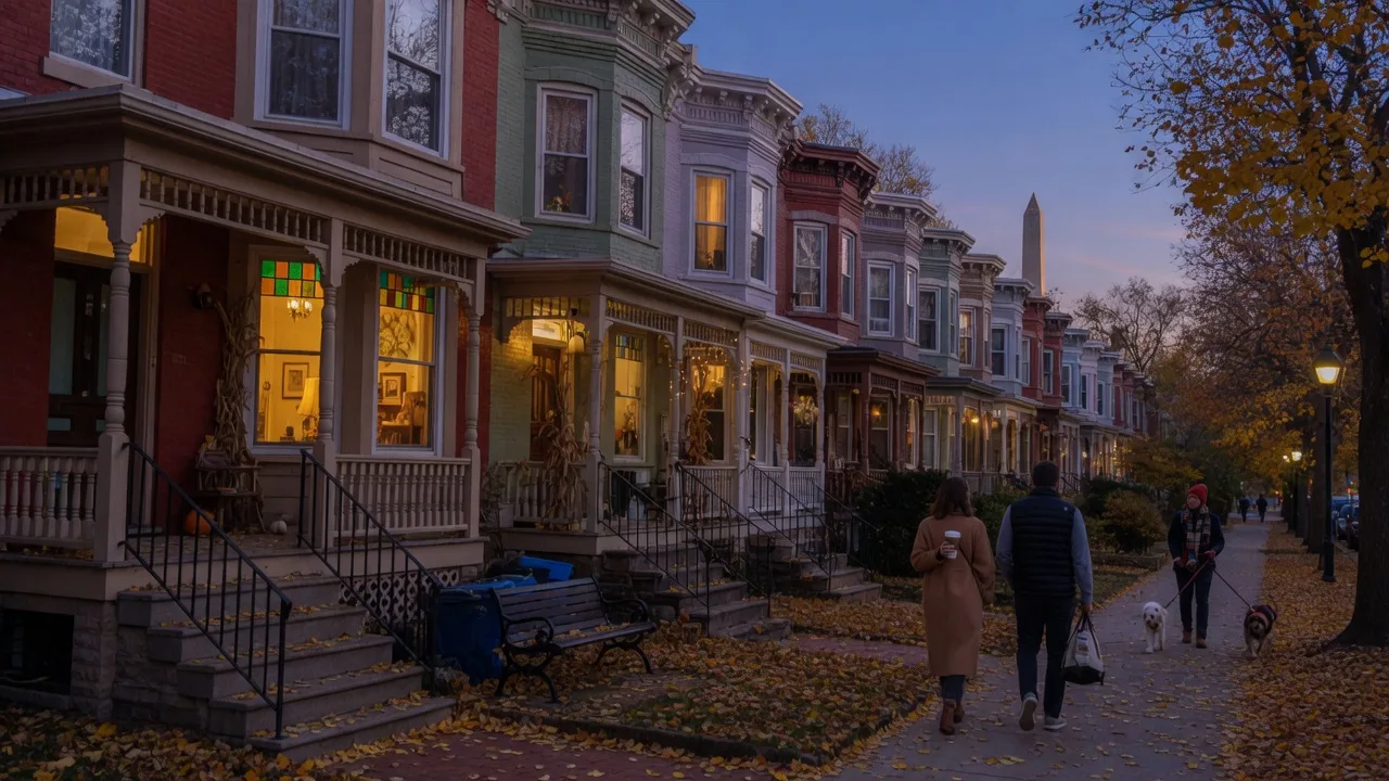 Historic red-brick and painted Victorian rowhouses with ornate porches in the Shaw neighborhood of Washington, DC on a late-October evening, autumn leaves on the sidewalk, warm light in the windows, and the Washington Monument faint on the horizon