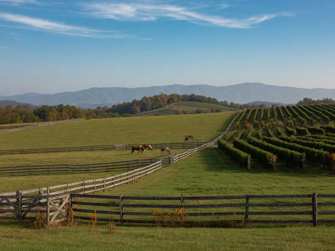 Rolling green pastures divided by split-rail fences in Fauquier County horse country near Warrenton, grazing horses and a vineyard row with the Blue Ridge mountains hazy on the horizon