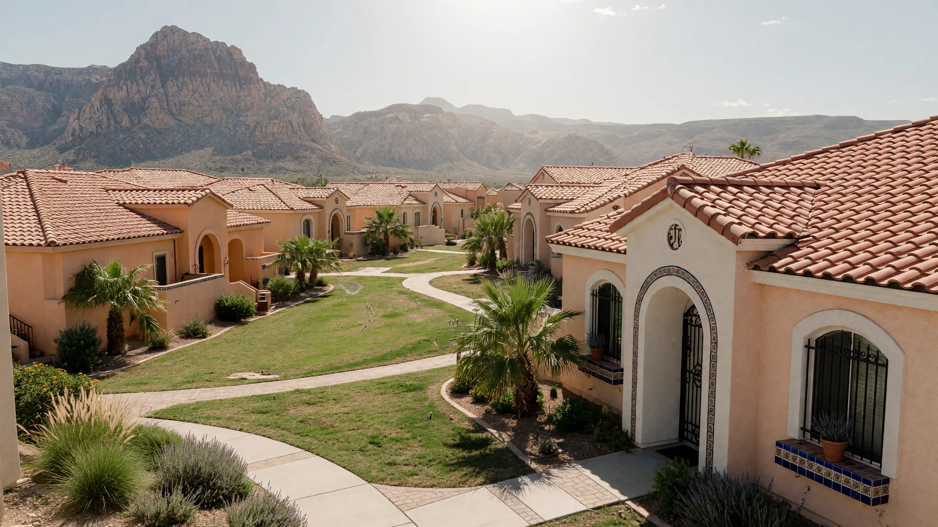 Spanish-inspired single-story stucco homes with terracotta roofs and arched doorways bordering a landscaped park with palms in a Summerlin neighborhood
