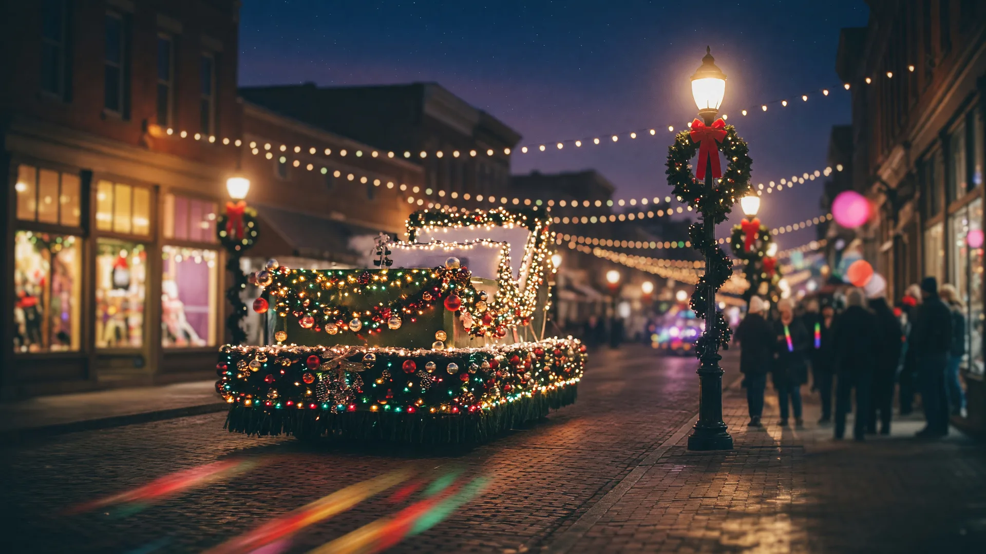 A nighttime small-town Christmas parade on a historic brick main street, glowing light-draped floats, wreath-hung lampposts, and festive bokeh lights
