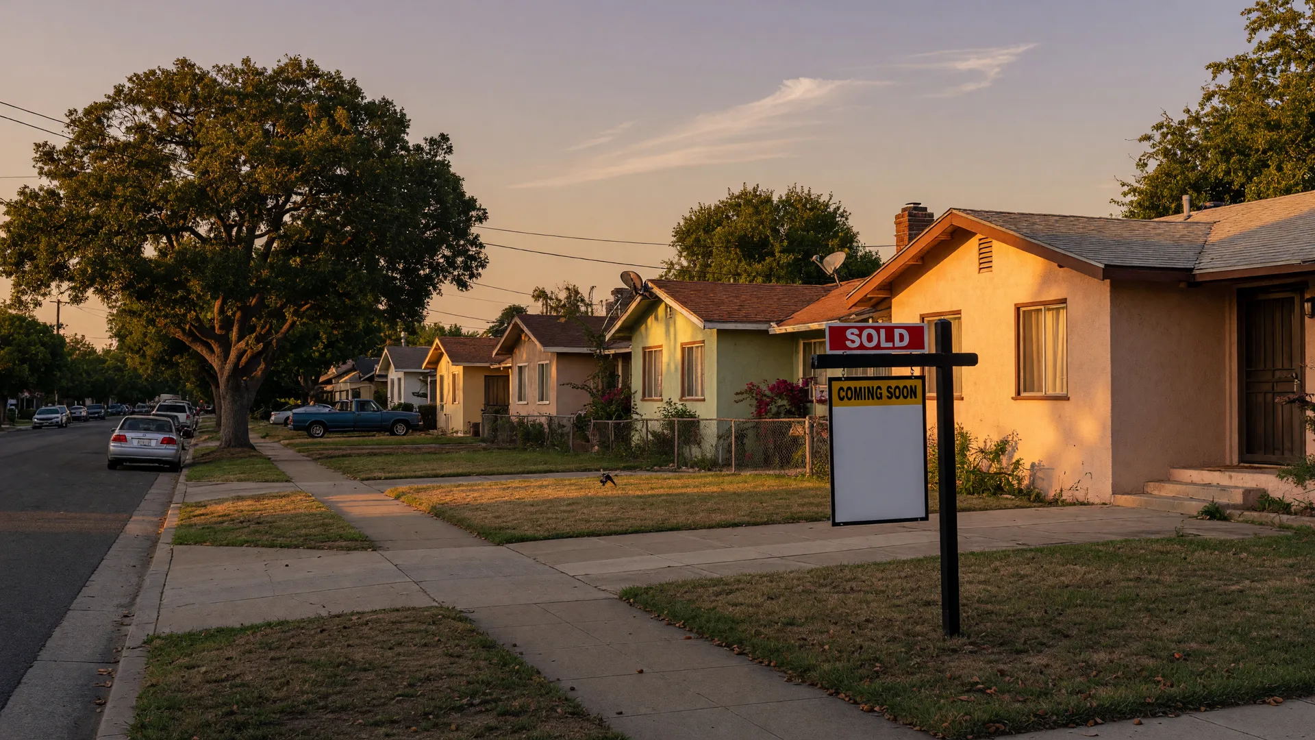 A Northern California suburban street at golden hour, where the region's short-sale records sit