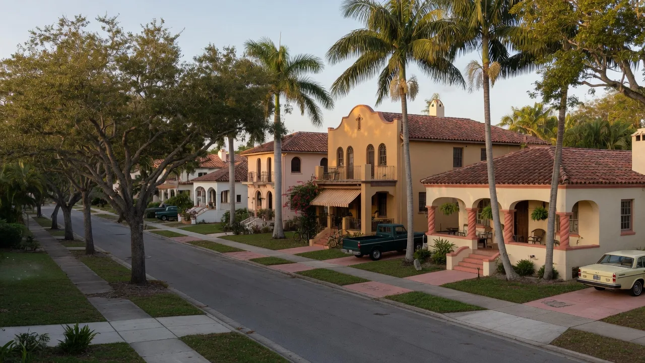 Tree-lined historic street with 1920s bungalows in Flamingo Park, West Palm Beach