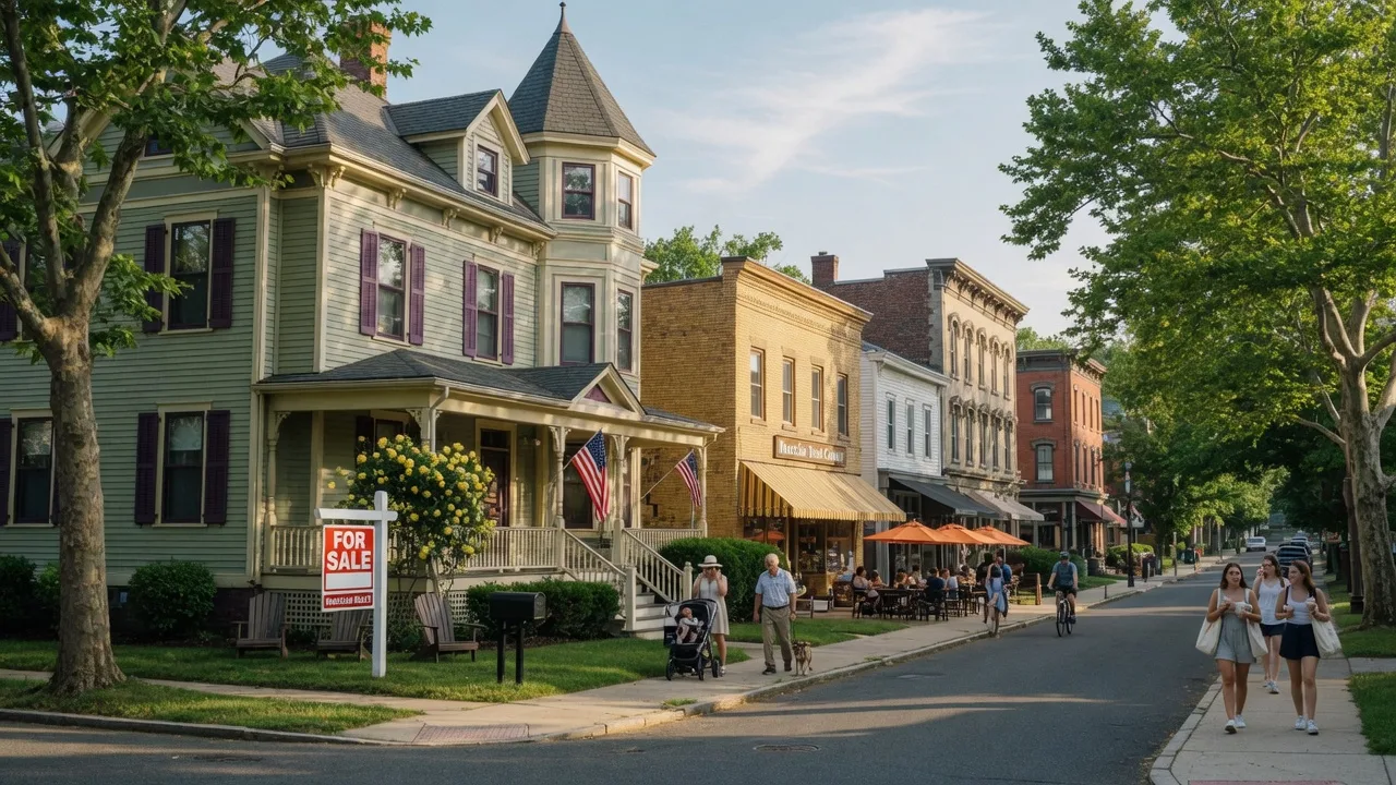 Tree-lined residential street in downtown Montclair NJ with a For Sale sign and pedestrians on a sunny summer morning