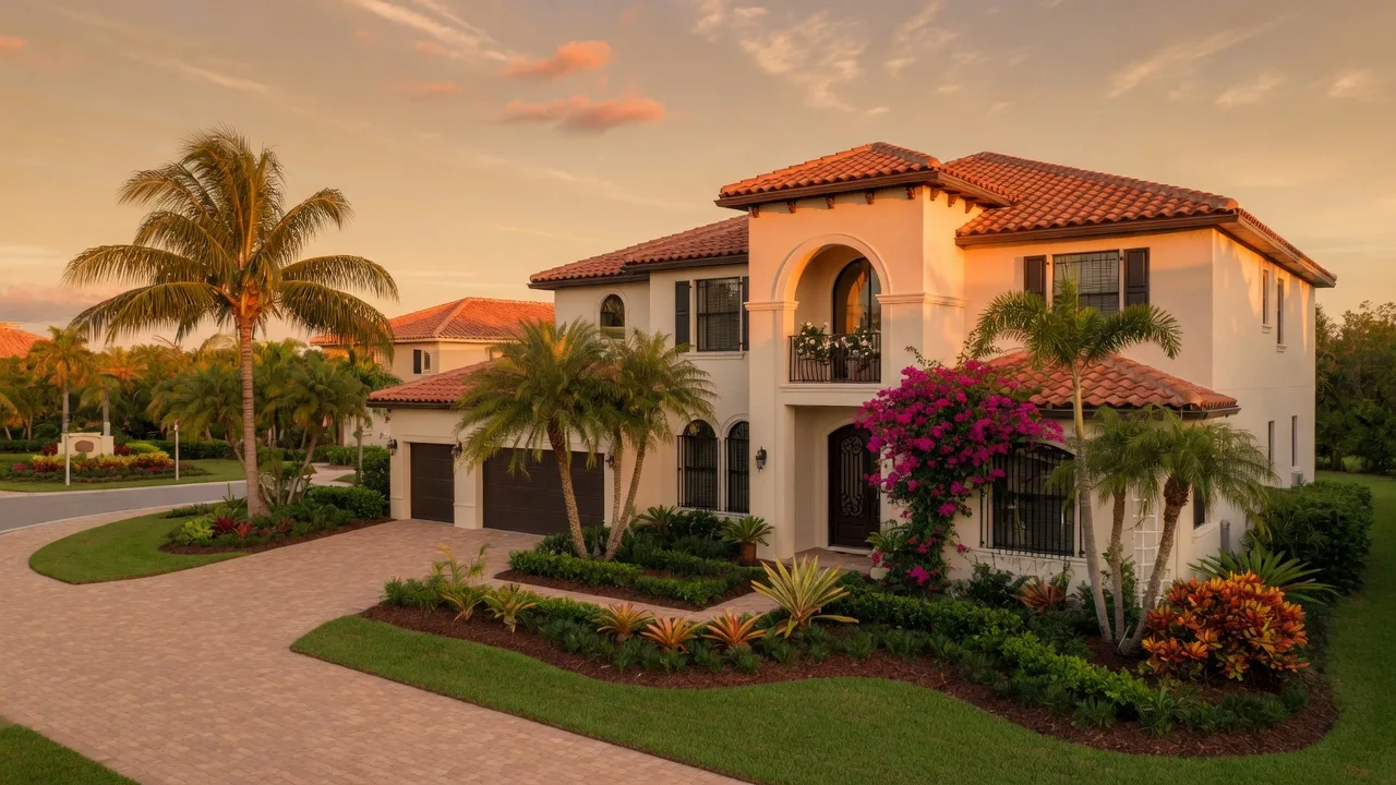 A brand-new Mediterranean-inspired Florida model home with warm white stucco walls, a terracotta barrel-tile roof, and tropical landscaping at golden hour