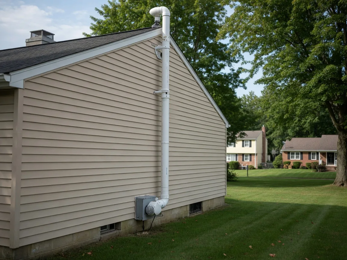 A radon mitigation system vent pipe running up the exterior siding of a suburban home from the foundation to above the roofline