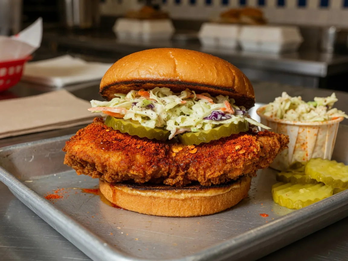 A Nashville hot chicken sandwich on a toasted brioche bun with pickles and coleslaw on a metal tray at a counter-service restaurant