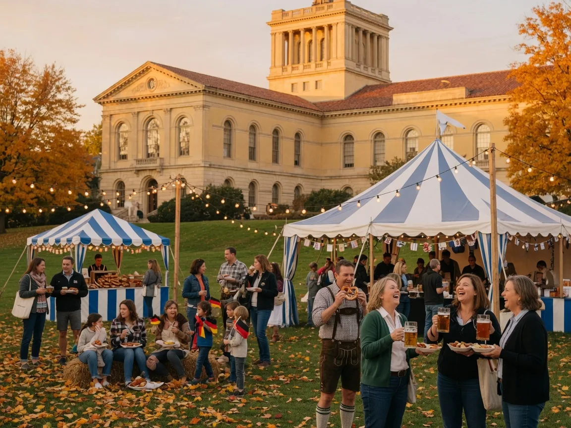 The Dayton Art Institute grounds transformed for Oktoberfest with festive tents, string lights, and people celebrating in golden autumn light