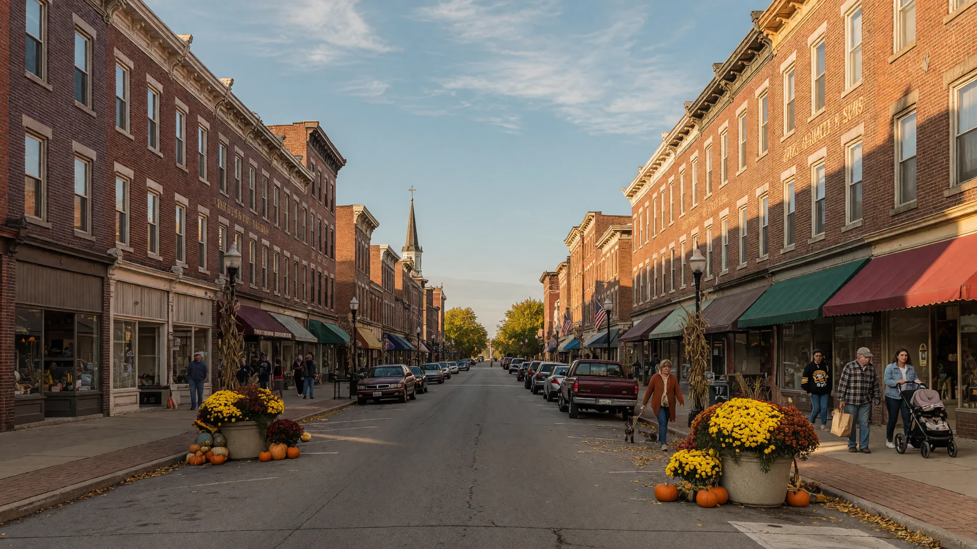 Downtown Indiana, PA storefronts on a golden early autumn afternoon