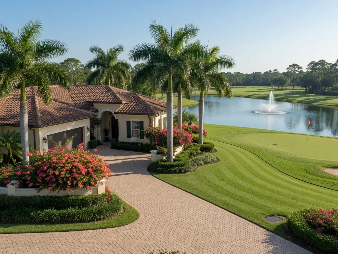 Mediterranean-style home on a manicured golf fairway in an Estero, Florida gated community, with royal palms and a lake with a fountain in the distance