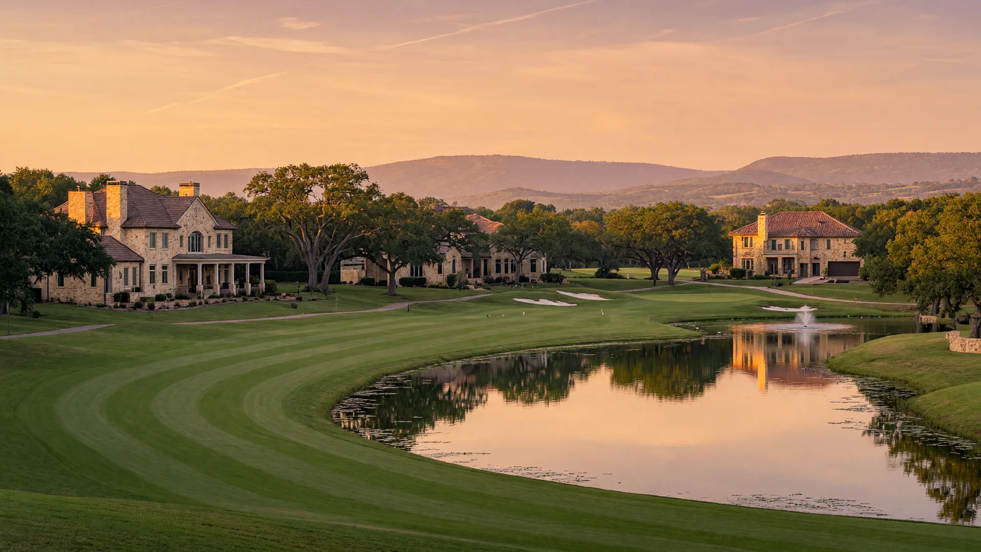 Manicured golf fairway between limestone homes in Fair Oaks Ranch at golden hour, a golf-course San Antonio real estate scene