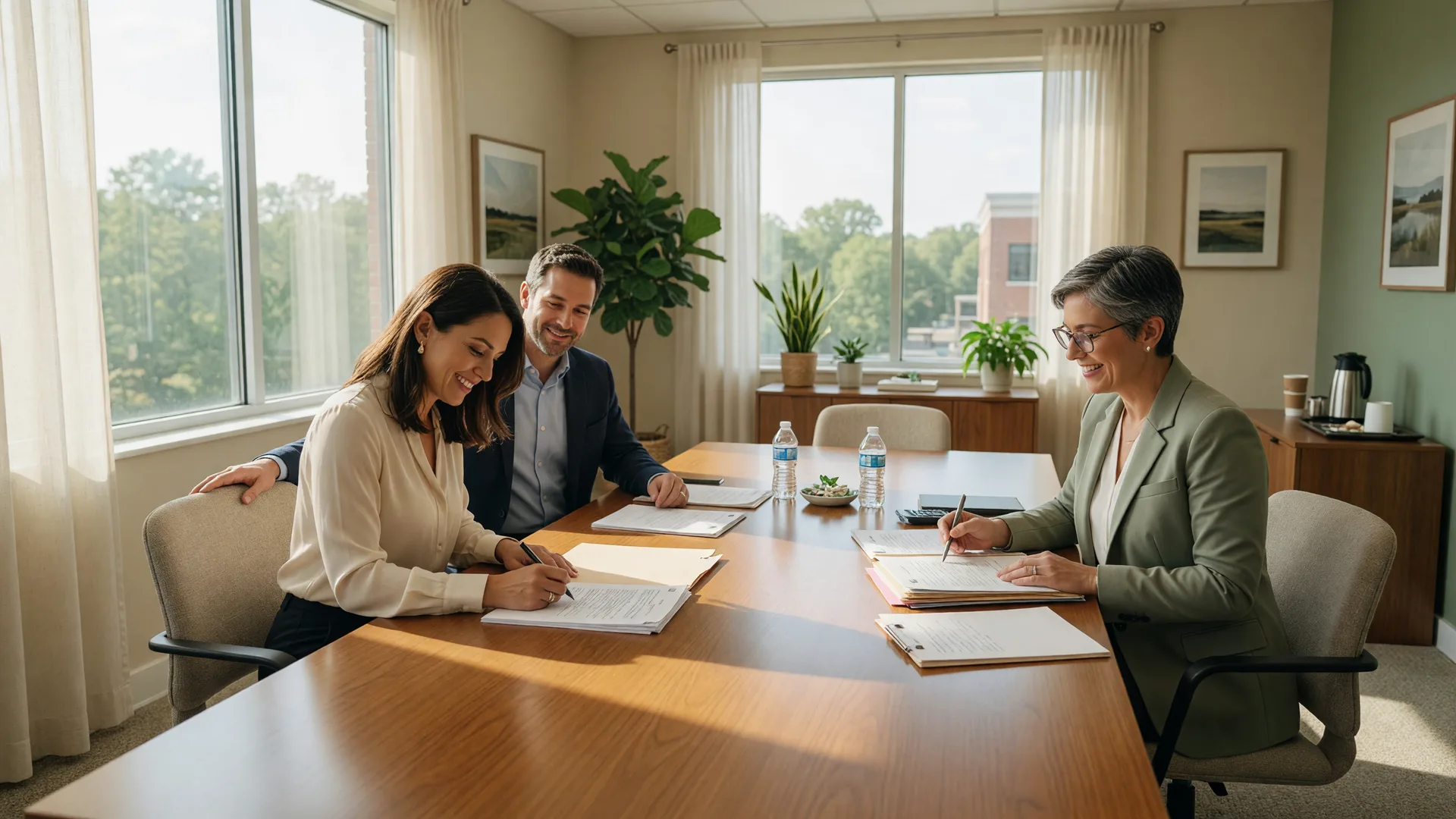 A couple signing closing documents with a settlement attorney in a Manassas-area real estate office
