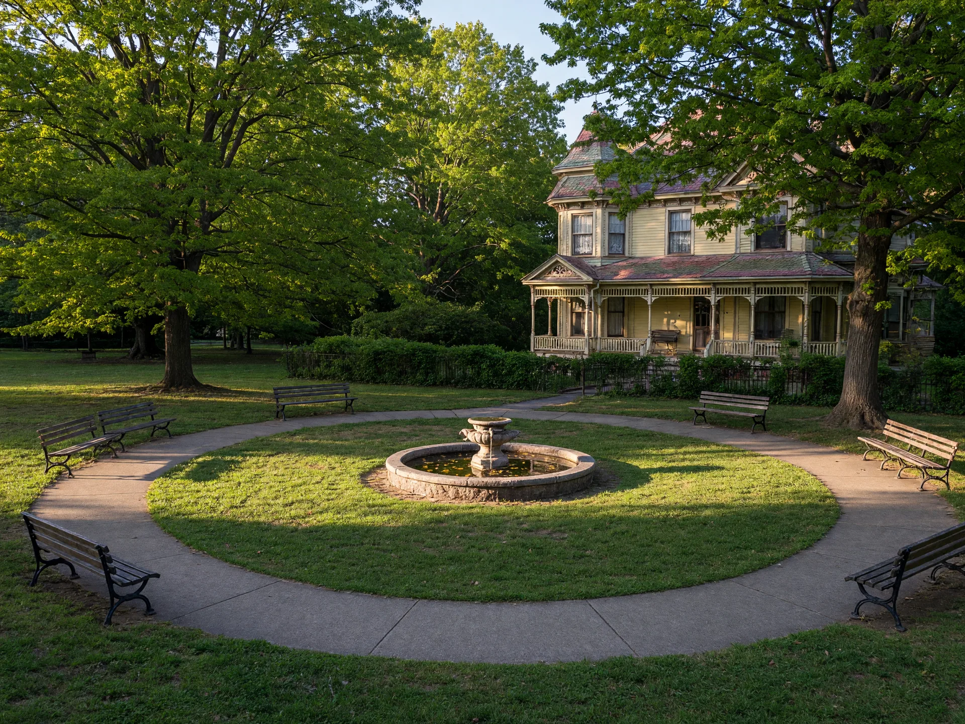 A circular green park in Kensington Village, Maryland with a historic manor house behind mature trees