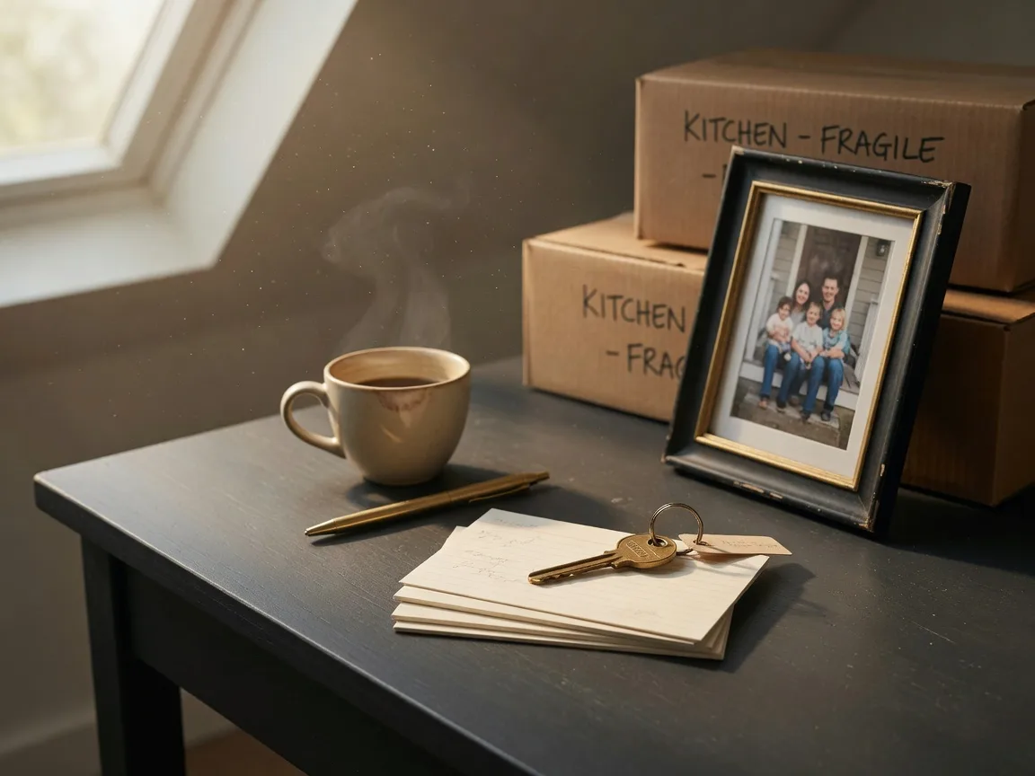 A framed family photograph leaning against moving boxes beside cream index cards, a brass house key, coffee, and a gold pen on a charcoal desk, the tools of the Life Change Triggered bucket
