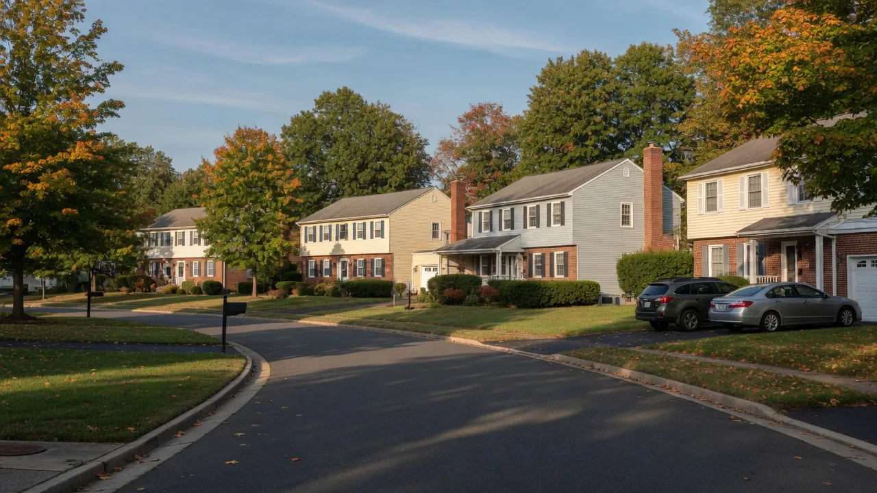 A leafy suburban neighborhood street in Mount Laurel, New Jersey in early fall, with colonial homes, brick accents, and trees turning gold in warm morning light