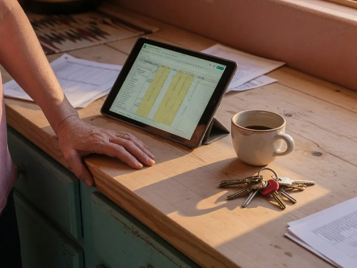 Hand resting on a wooden kitchen counter beside a tablet, coffee cup and house keys in warm golden Arizona light, reflecting on a financial decision