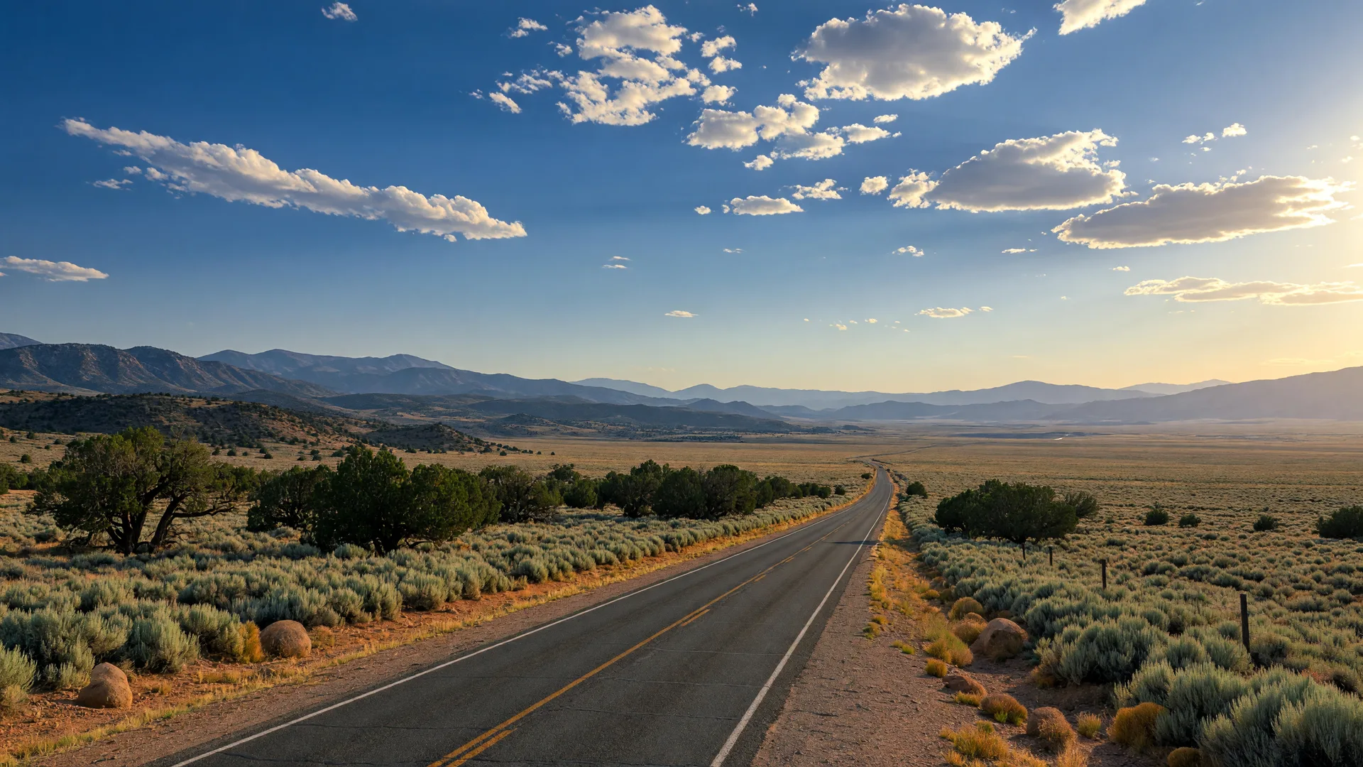 Scenic Nevada desert highway stretching toward distant mountains under a bright blue sky.