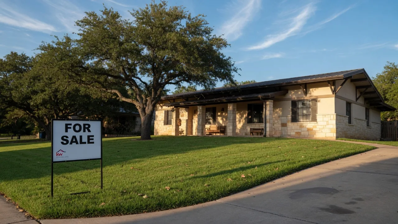 A Texas suburban home with a for sale sign in the front yard on a bright San Antonio afternoon