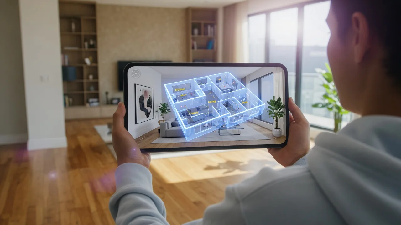 Smartphone showing 3D virtual tour of a modern living room