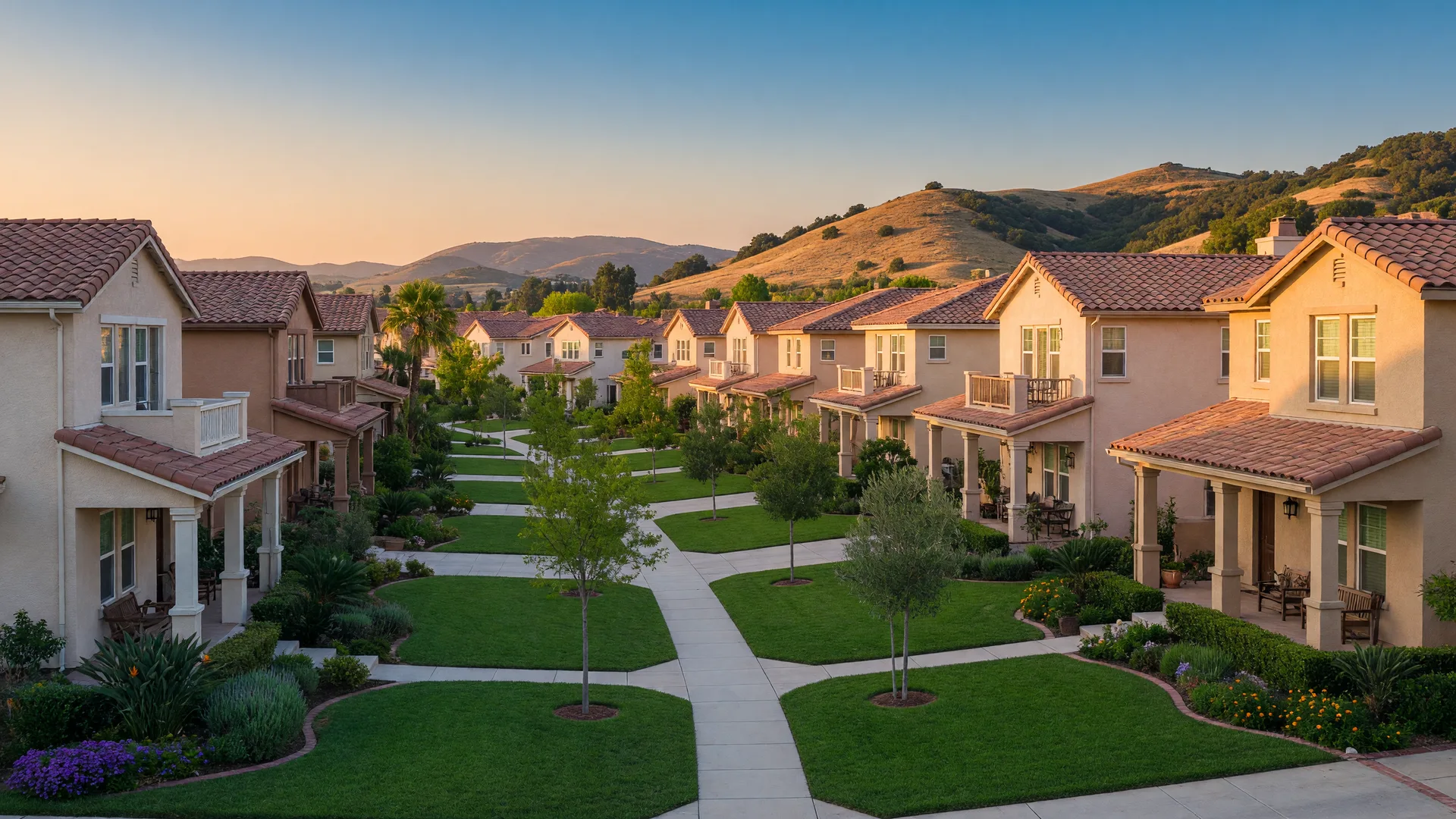 A master-planned Santa Clarita Valley neighborhood at golden hour, with two-story stucco homes, tree-lined streets, a walking path, and rolling hills in the distance