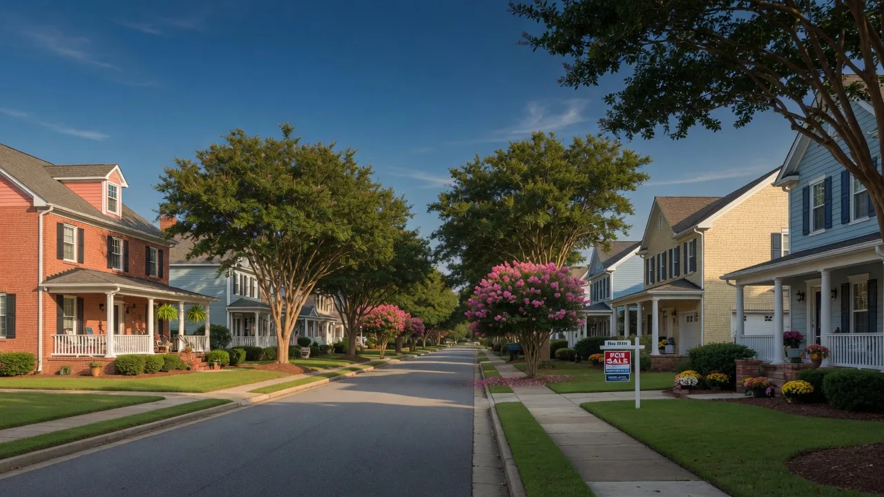 Tree-lined street of attractive single-family homes in a Virginia Beach neighborhood with manicured lawns and a small For Sale sign