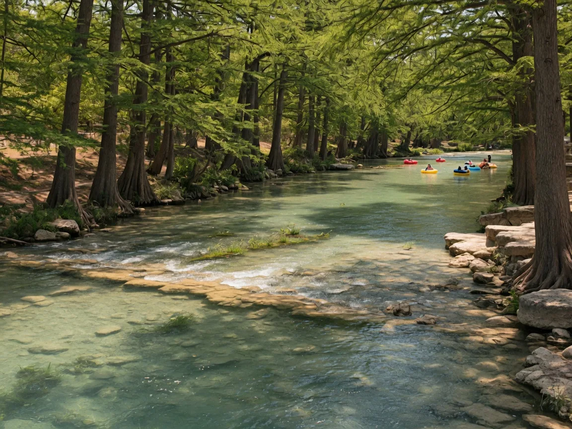 The clear Comal River in New Braunfels flowing beneath tall cypress trees