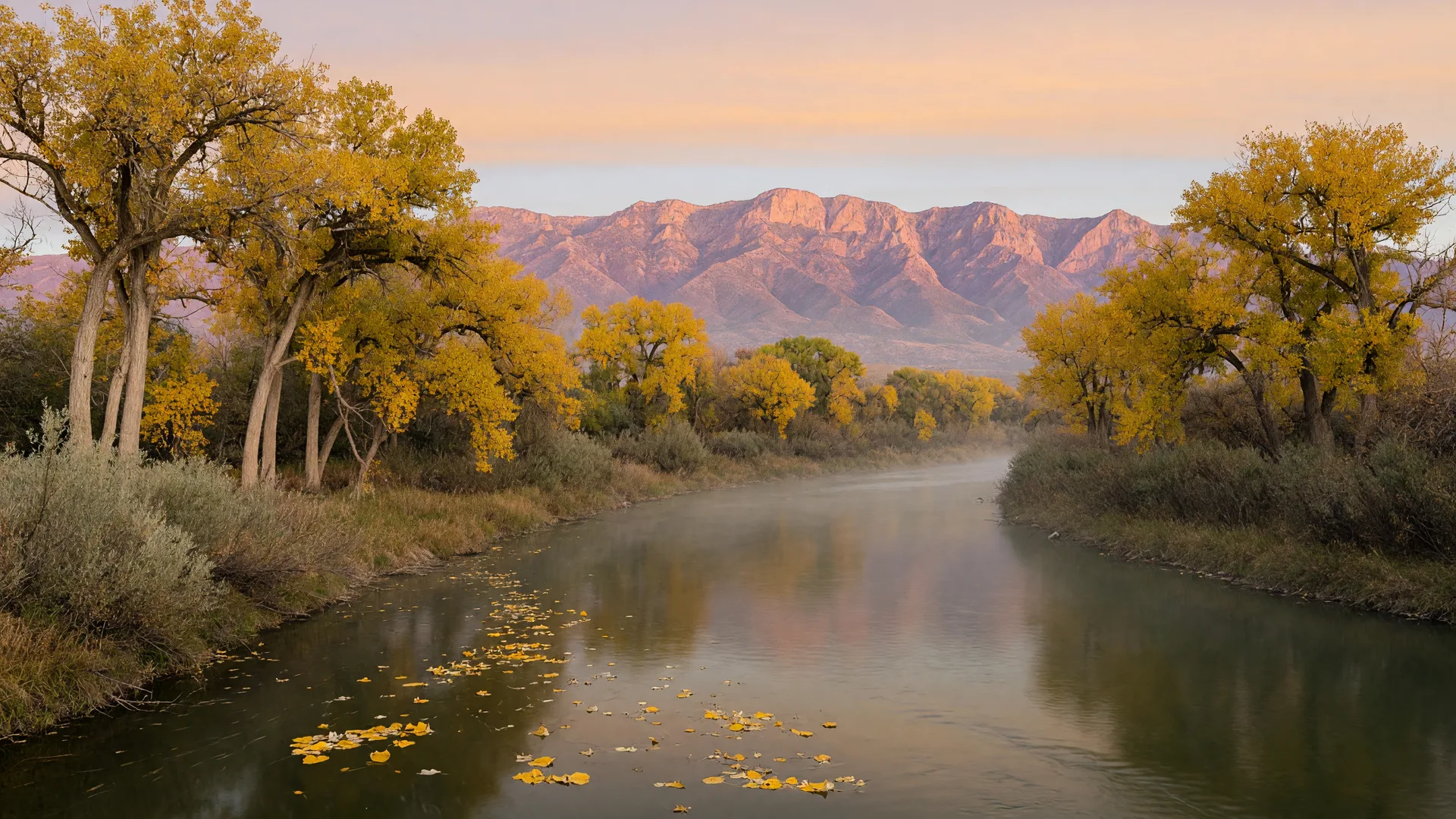 Golden cottonwoods along the Rio Grande bosque at sunrise with the Sandia Mountains rising behind them