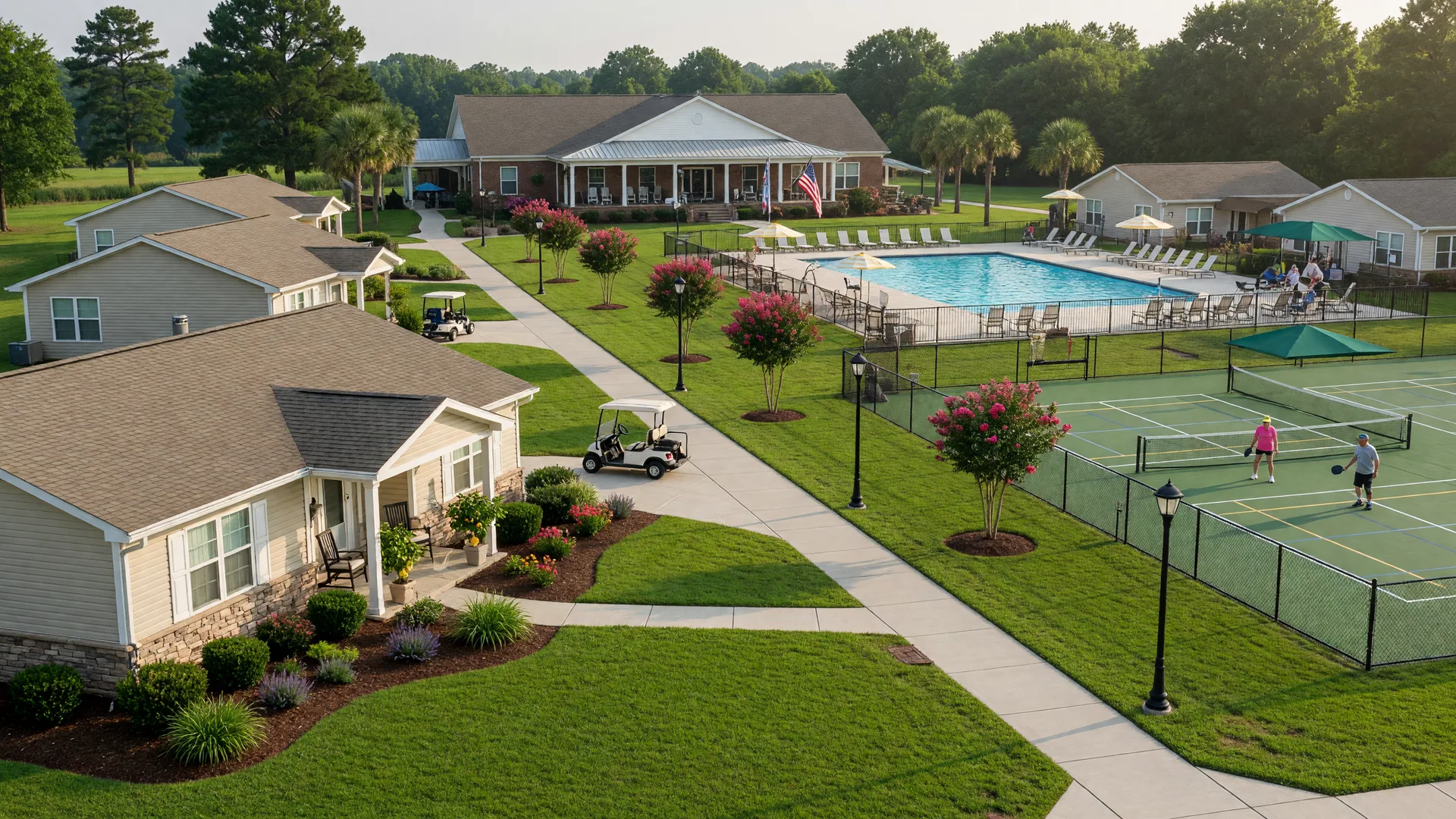 Low-maintenance single-level and villa homes with landscaped common areas in a Fort Mill community