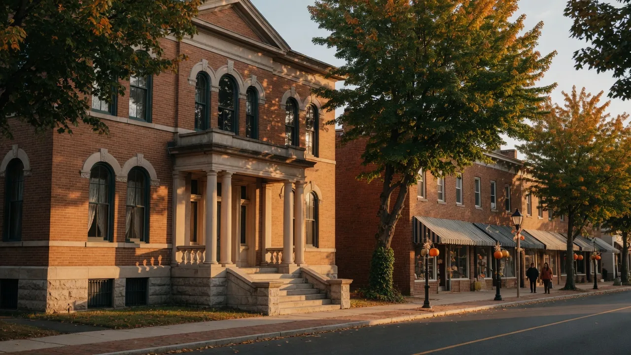Moorestown's historic Main Street at golden hour in early autumn, with the Community House anchoring the scene
