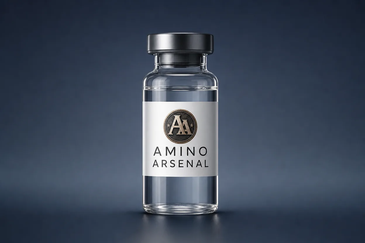 Amino Arsenal clear glass peptide bottle with the brand label, minimal premium product shot