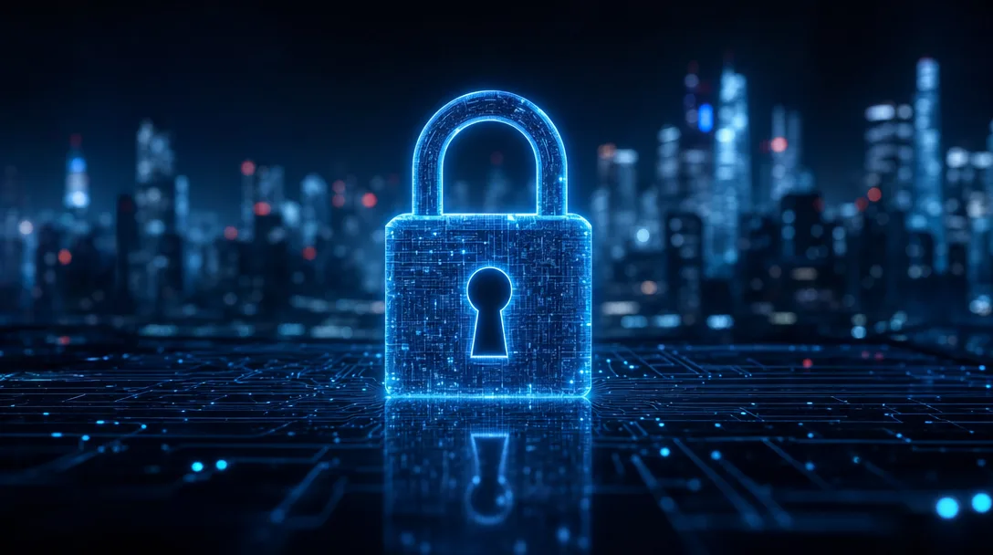 Glowing blue digital lock over a dark high-tech city skyline