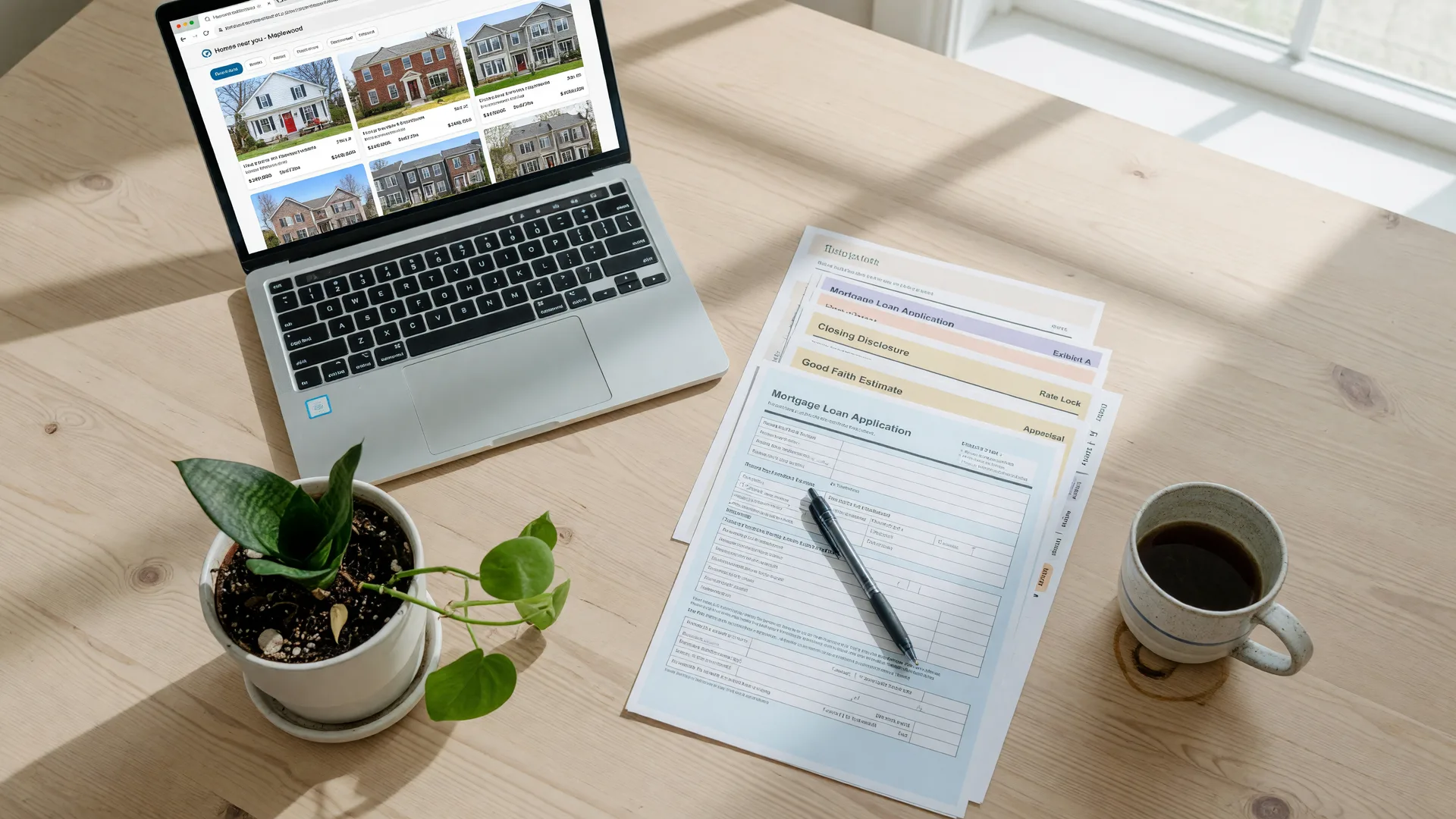 Bright kitchen table with a laptop showing real estate listings, mortgage documents, a pen, and coffee for first-time home buyers
