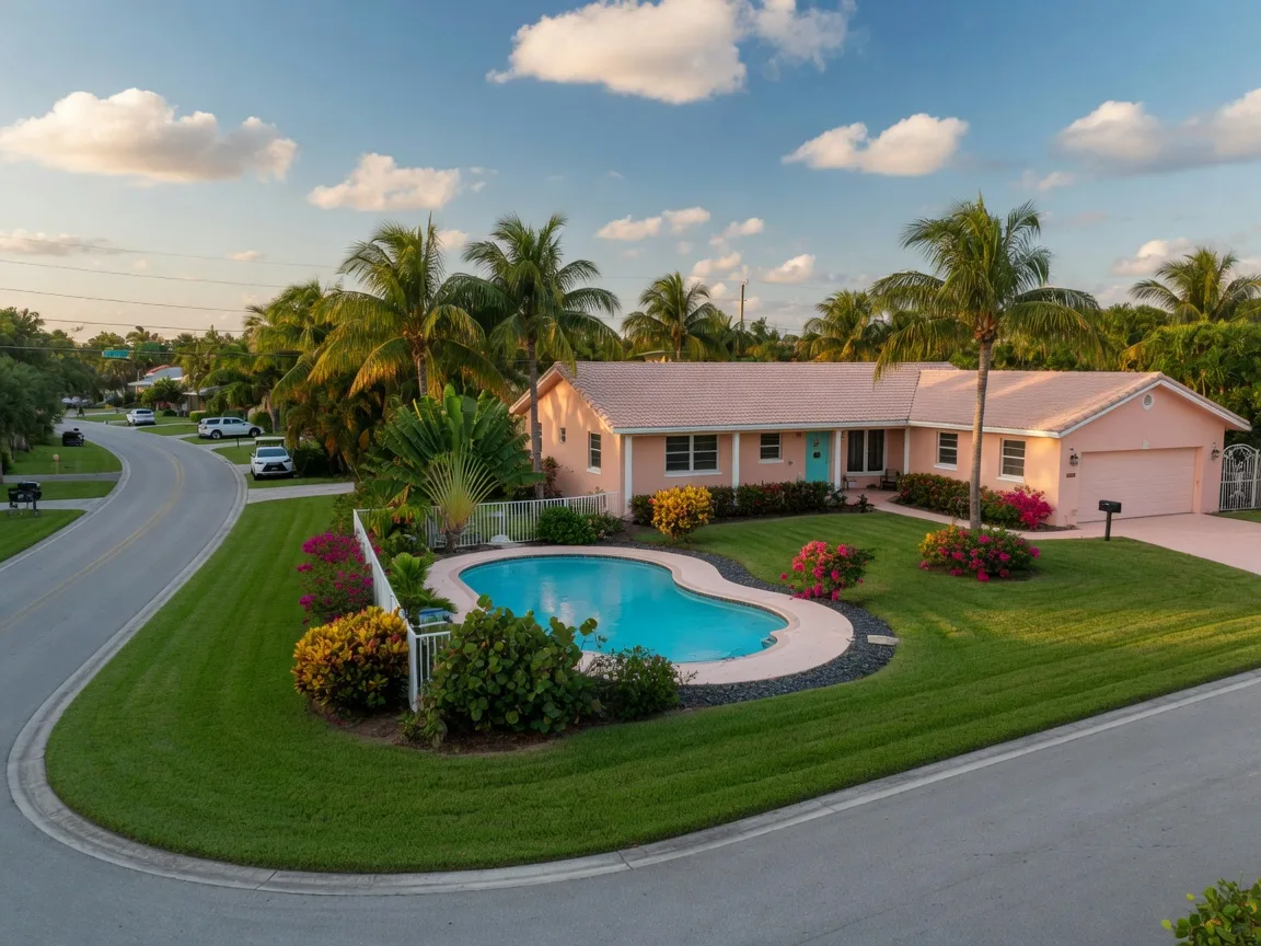 Well-kept single-family home with a pool in west Delray Beach Florida on a clear afternoon