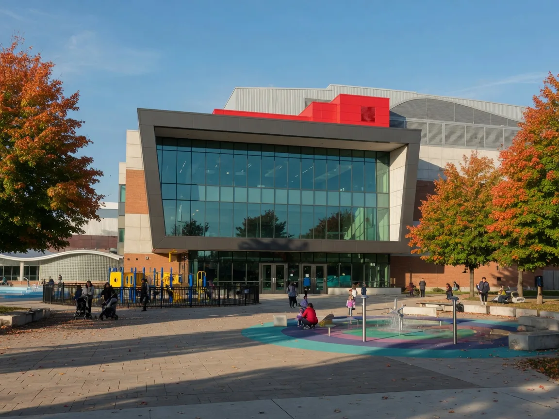 Modern community recreation centre with a glass entrance and splash pad in Oshawa