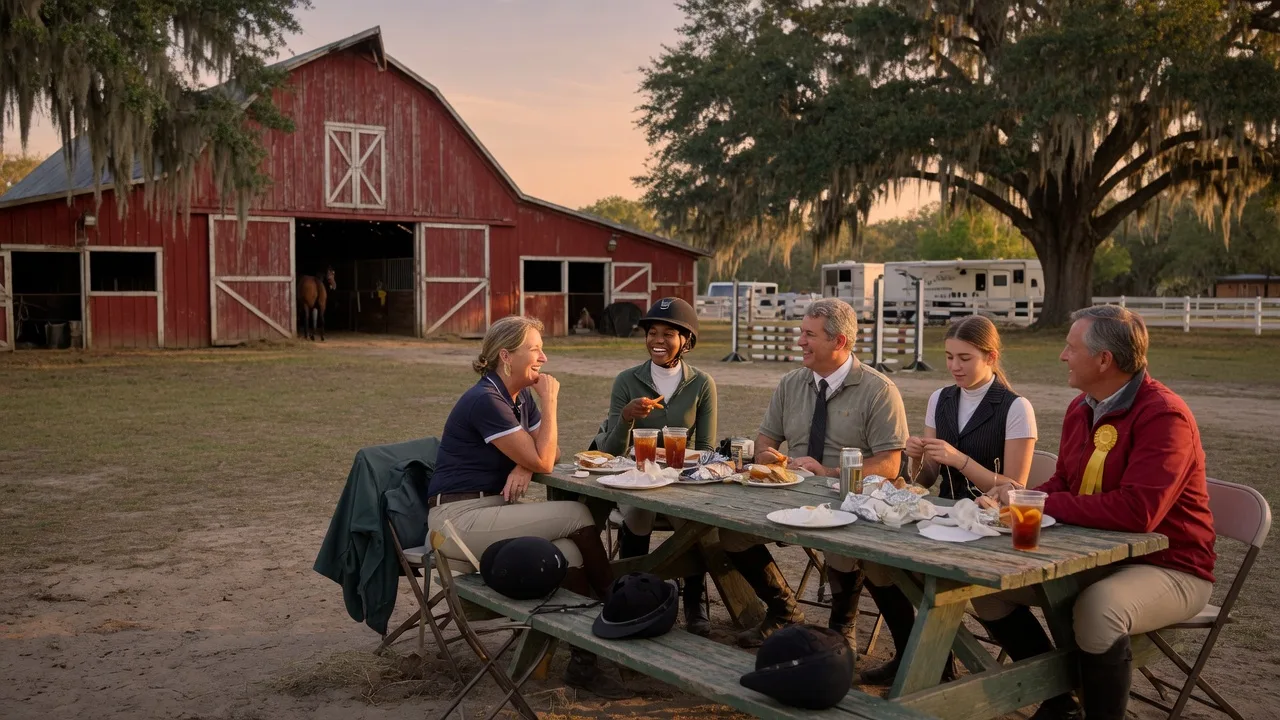 Equestrians gathered outdoors at an Aiken horse show, sitting at a picnic table under oak trees with a historic barn in the background