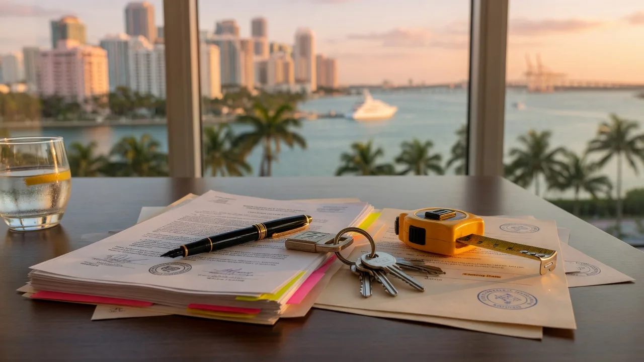 Pen on a real estate purchase contract with house keys at a Miami closing