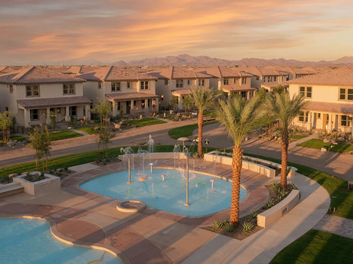 Resort-style splash pad and pool in a new Queen Creek master-planned community