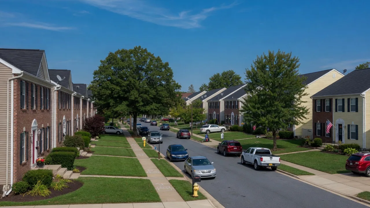 Gaithersburg Maryland suburban neighborhood with townhomes and mature trees