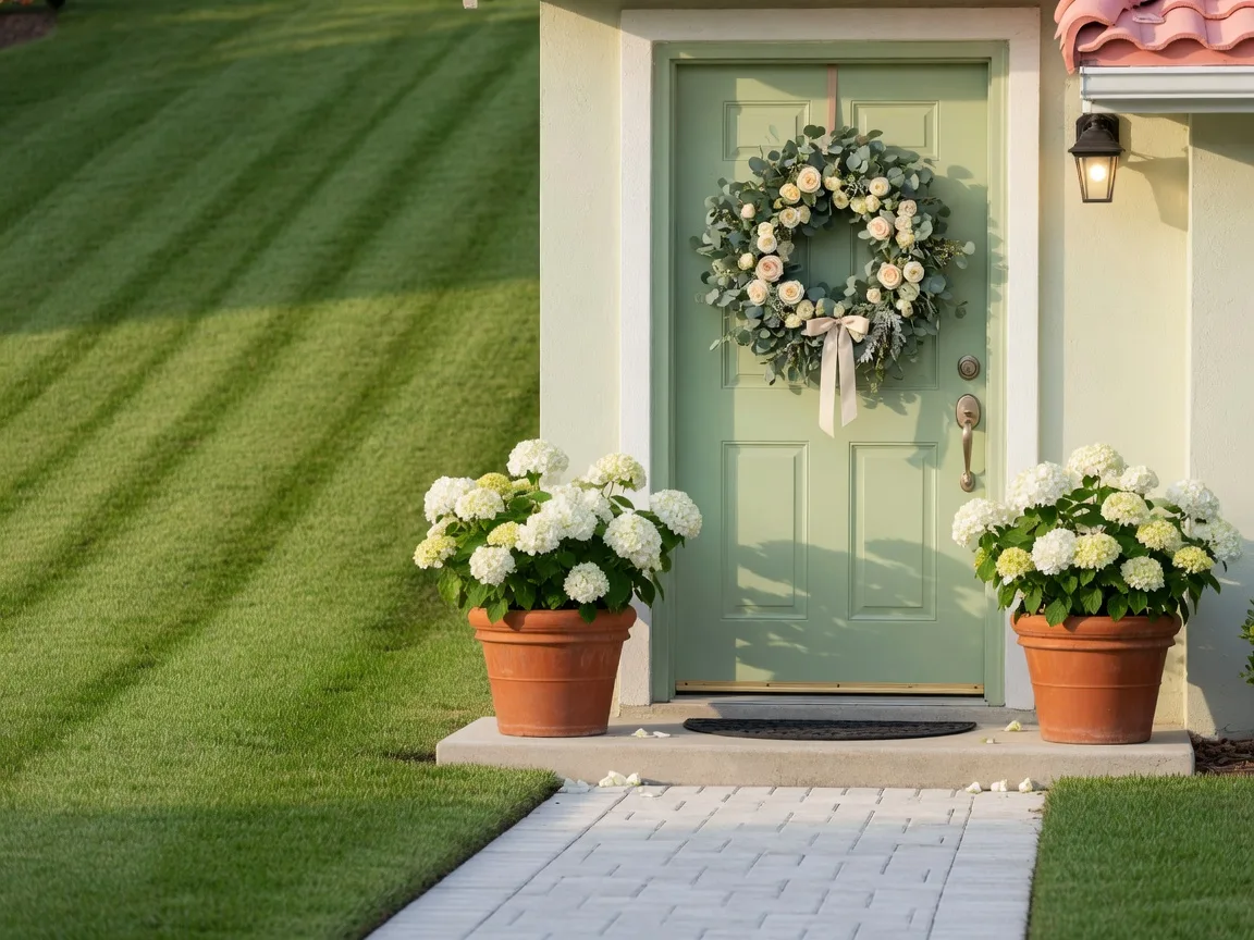 A cheerful Florida home front door with a wreath and white hydrangeas in morning light