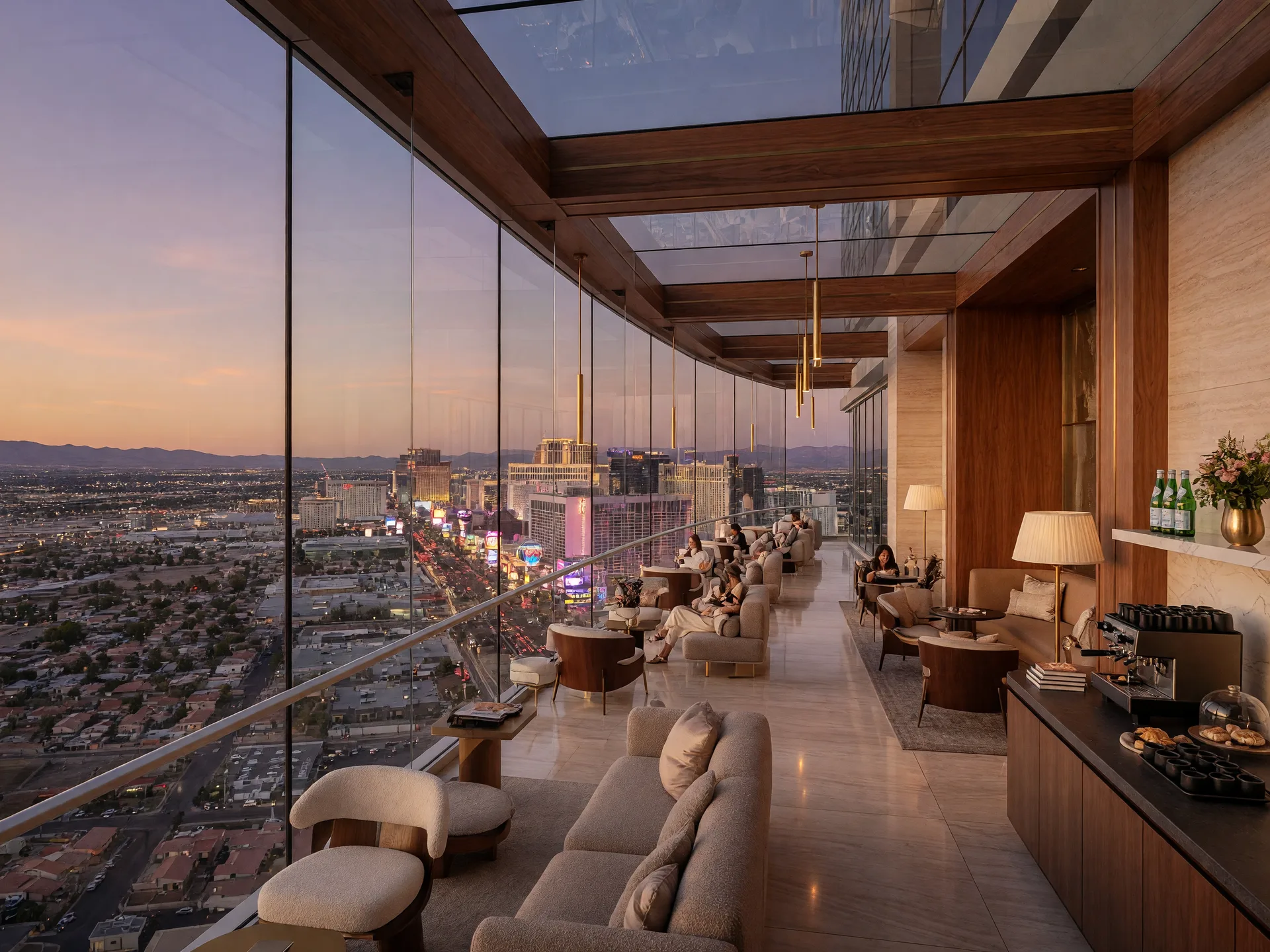 Interior of the Summit House glass skybridge on the 17th floor with sweeping views of the Las Vegas valley and Strip