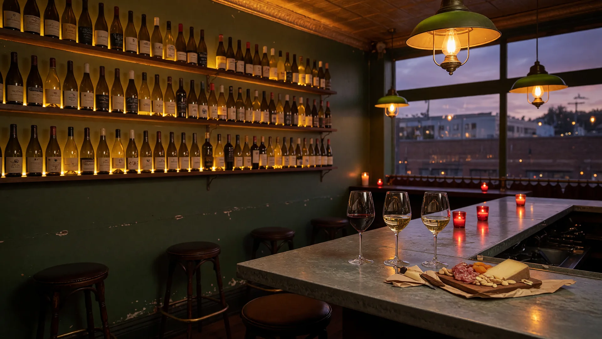A candlelit wine bar with backlit amber bottle shelves, a worn zinc bar with stemmed glasses, and brass lamps in a low-ceilinged room