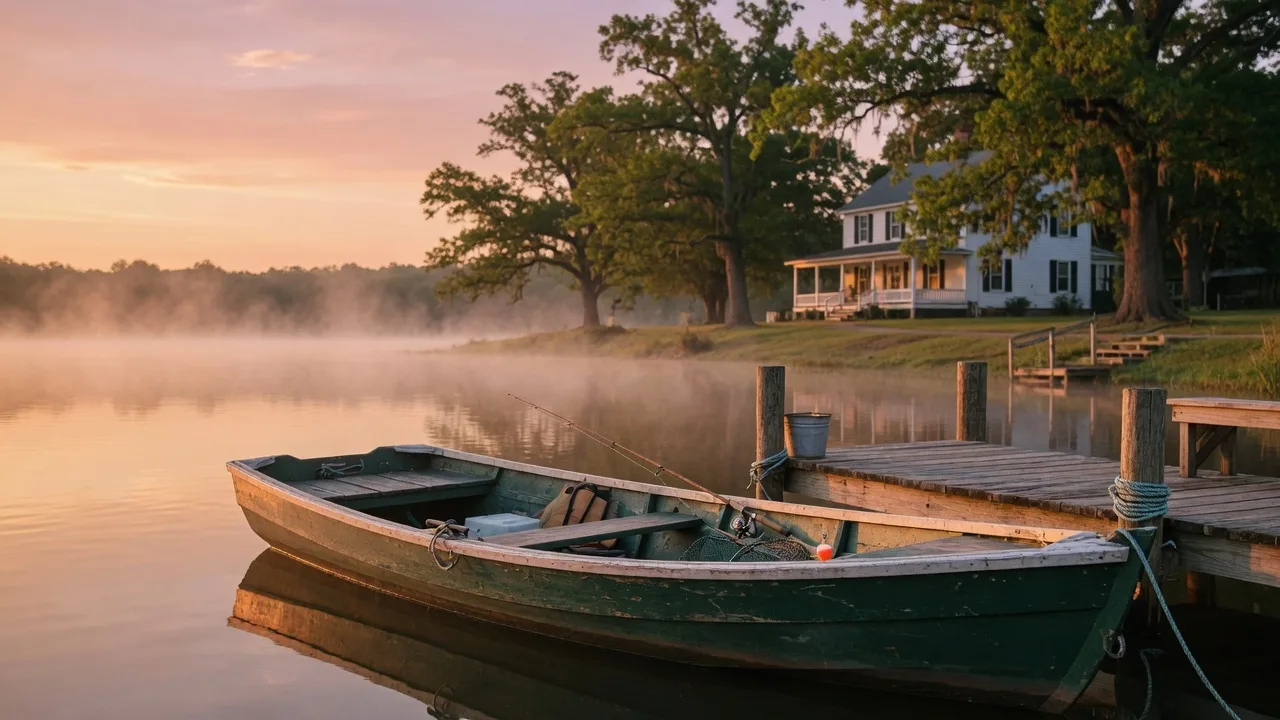 A classic wooden fishing boat tied to a private dock on a calm Georgia lake at sunrise, with a white farmhouse among pecan trees visible on the shoreline