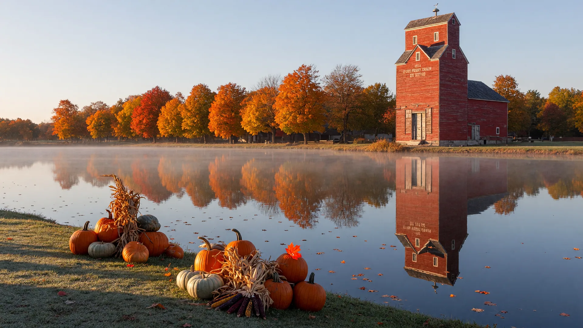 The Port Perry lakefront on a Thanksgiving weekend morning: the historic grain elevator rising beside the calm water of Lake Scugog, maples in full fall colour and a harvest display of pumpkins and gourds on the shore