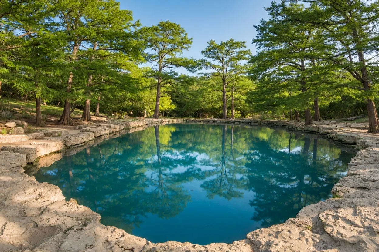 Cypress trees and clear creek water on the Blue Hole Regional Park trails