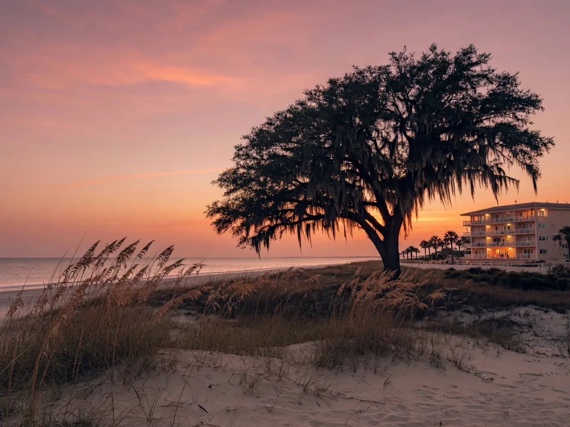 A warm dusk on a Mississippi Gulf Coast beachfront in late fall, with sea oats and dunes in the foreground and a live oak draped in Spanish moss silhouetted against a sunset over the Sound