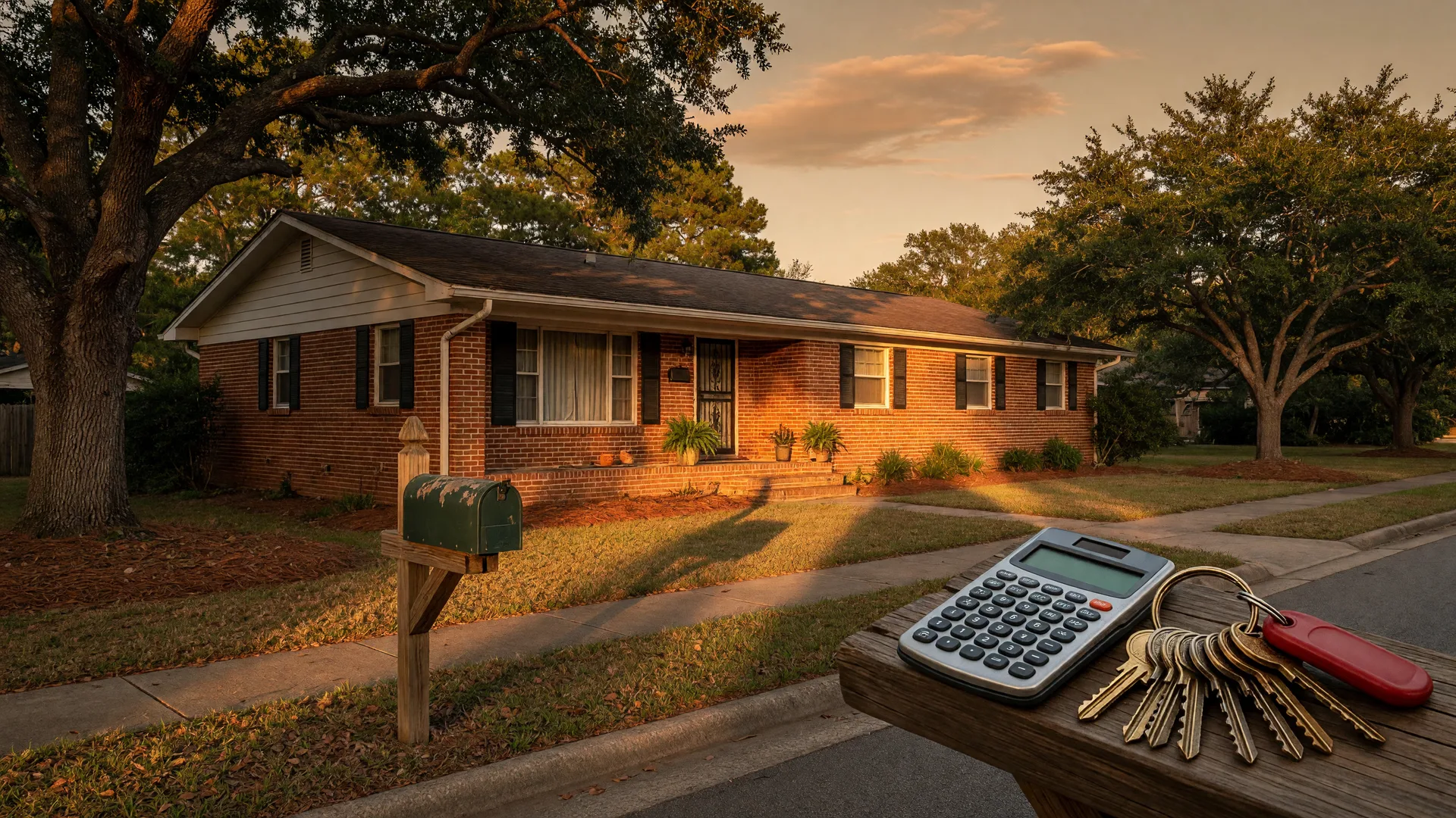 A brick ranch home in Lexington, South Carolina at golden hour, with a wooden mailbox and a calculator and house keys on the porch railing