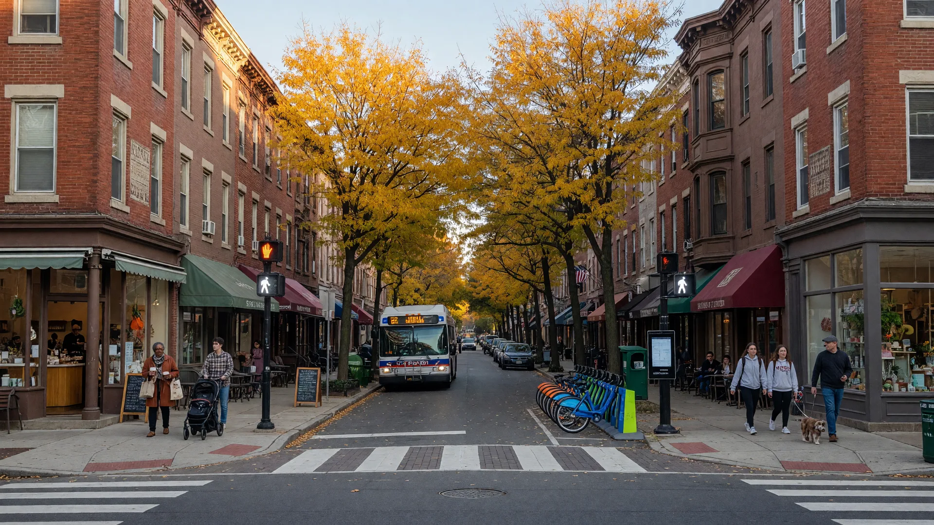 Graduate Hospital Philadelphia street scene with pedestrians, cafes and tree-lined sidewalks
