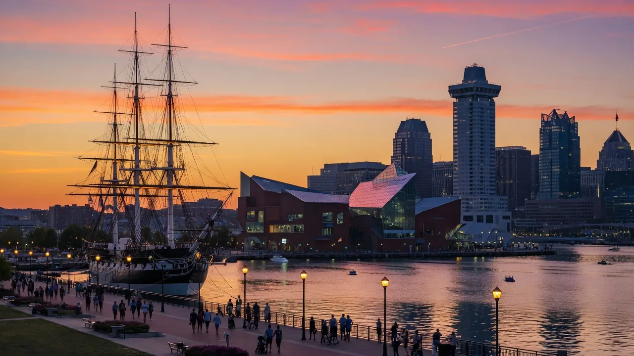 Baltimore Inner Harbor at sunset with the USS Constellation tall ship